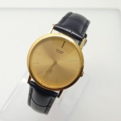 Seiko Gold Tone Thin Dress Watch Gold Dial Leather Band 63-1600