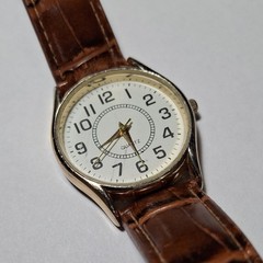 FMD Quartz Men’s Watch, Brown Faux Leather Band, Gold Case, White Dial