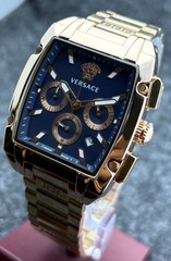 Vintage Versace Dominus Chrono Quartz Blue Dial Rose-Gold Plated Wristwatch.