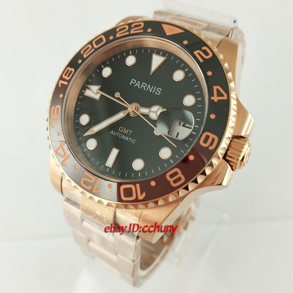 40mm PARNIS black dial Sapphire glass rose gold date GMT automatic watch 2704