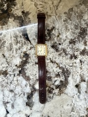 Vintage Seiko Tank Watch 5Y32-5B09 Gold Tone Roman Dial Quartz Men Leather Strap