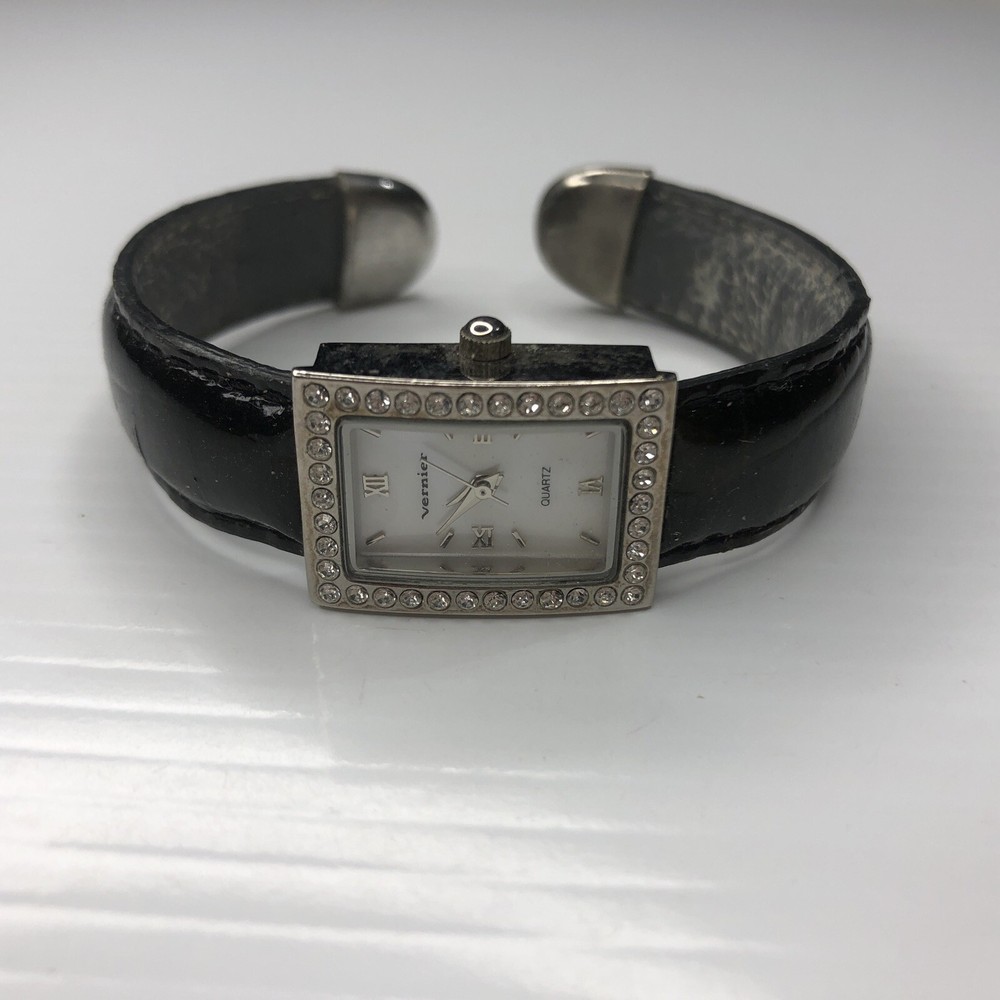 X10 Vernier Dark Green Patent Lizard Leather Cuff Retro Crystals Watch Untested