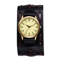 Mens Women Halloween Steampunk 24H Quartz Wrist Watch Wide Genuine Leather Strap