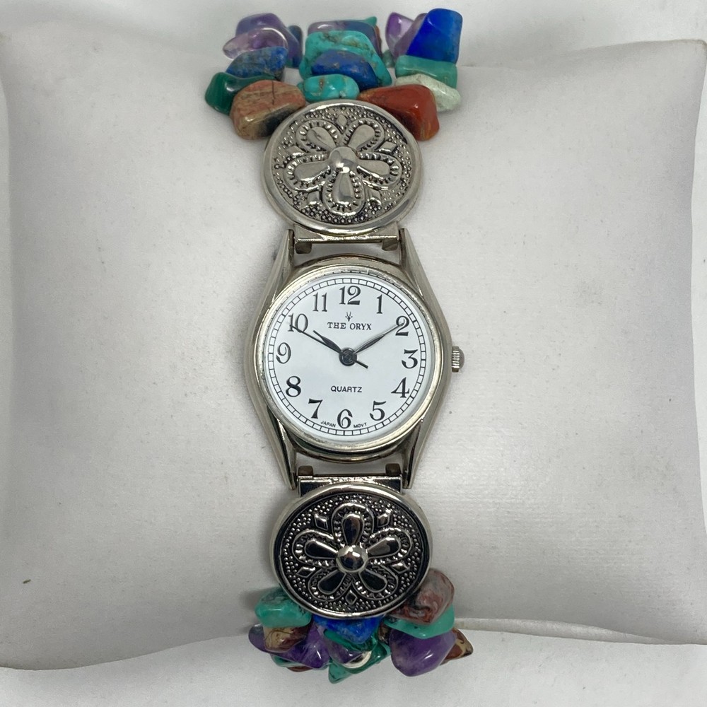 Women’s Gemstone Watch Silver Tone Amethyst Jasper Southwest New Battery 7.25″