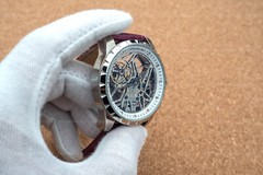 Mens Silver Flywheel Skeleton Automatic Mechanical Watch Purple Leather