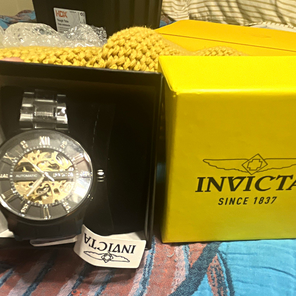 Invicta Men’s Automatic Self-Winding Skeleton Dial Watch, Black Case, Box