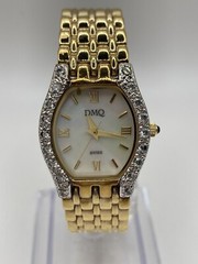 DMQ Swiss Ladies Mother Of Pearl Crystal Bezel Gold Tone Watch New Batt