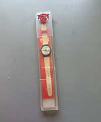 Coca-Cola Coke Swiss Made Quartz Analog Watch Beige Strap Black Case w/ Box