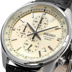 Seiko Chronograph Men’s Champagne Dial Tachymeter Black Leather Watch SSB383