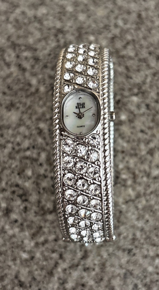 Nolan Miller Rhinestone Bracelet Cuff Watch Silver Tone Quartz