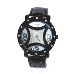 Hip Hop Men’s Floating Clear Stones, Black Finish Black Leather Band Watch