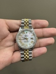 Rolex Datejust Two-Tone 18kt Bracelet White Roman Dial Diamond Bezel Date w/ Box