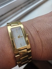 DKNY Women’s Gold Tone Rectangle Analog Quartz Watch w/ Metal Bracelet