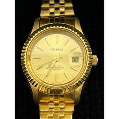 Helbros Womens Gold Tone Quartz Watch Date Fluted Bezel Expansion Band 321-2015