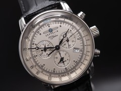 N MINT Zeppelin 100th Years 7680-1 Chronograph Alarm Qz 43mm Mens Watch JAPAN