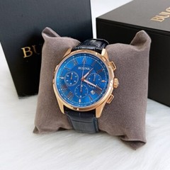 Men’s Bulova Wilton Blue Classic Chronograph 97B170 Quartz Leather Watch 46.5mm