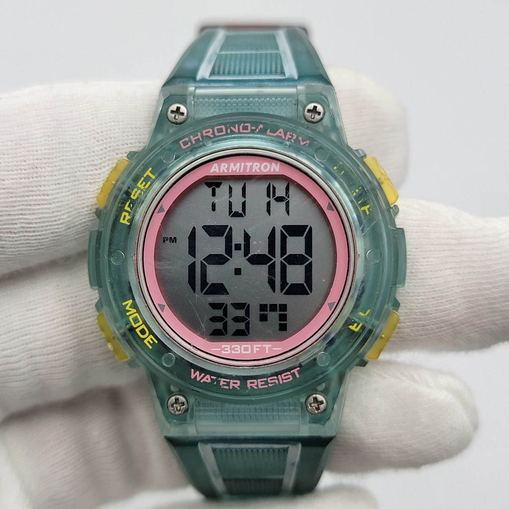 Armitron Women Digital Watch 38mm Chrono Translucent Green 10ATM , Runs