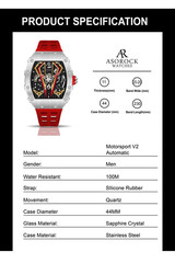 Asorock watches | Silver/red Motorsport V2 automatic | 44mm | Stainless Steel |