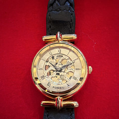 Fossil Skeleton Automatic Analog Watch Gold Tone Dial Case Black Braided Strap
