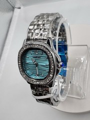 Invicta Women’s Cushion Dress Watch – Silver, Blue Textured Dial, Diamond Bezel