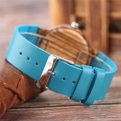 Ladies Blue Dial Wood Case Watch Genuine Leather Strap Quartz Valentine’s Day