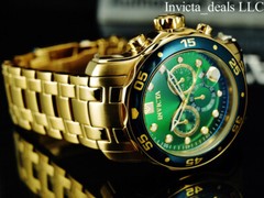 Invicta Men’s 48mm PRO DIVER Scuba Chronograph Green Dial 18K Gold Plated Watch