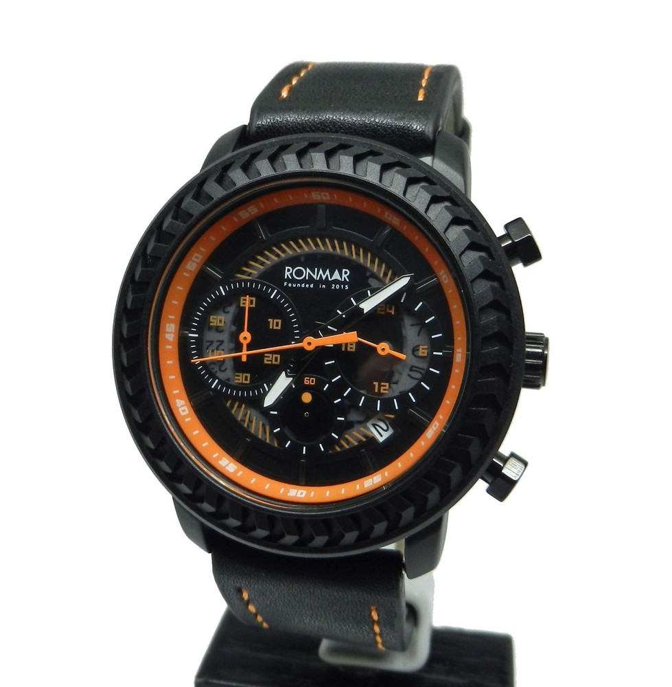 Men’s 44mm Chronograph Date Dial Black Orange With Leather Strap Rugged Watch