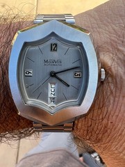 Vintage Monvis watch rare All Steel Asymmetric Automatic w. Band 1960’s Works