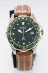 Fossil Blue Watch Men Silver Stainless 50m Brown Leather Date Gray Green Quartz