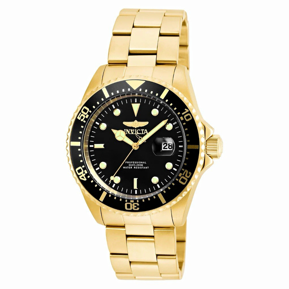 Invicta Pro Diver Men’s Diver Watch – Gold Tone Steel Bracelet Black Dial 200m