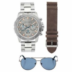 $190 MSRP~ Vince Camuto VC/1147GYSVST Chronograph SS Wristwatch & Sunglasses Set