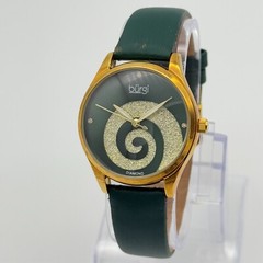 Women’s BURGI Swarovski Swirl Diamond Marker Watch, Green Leather, 34mm BUR201GN