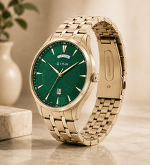 Titan Opulent III Mens Watch Green Dial Gold Stainless Steel Day Date 90127YM03