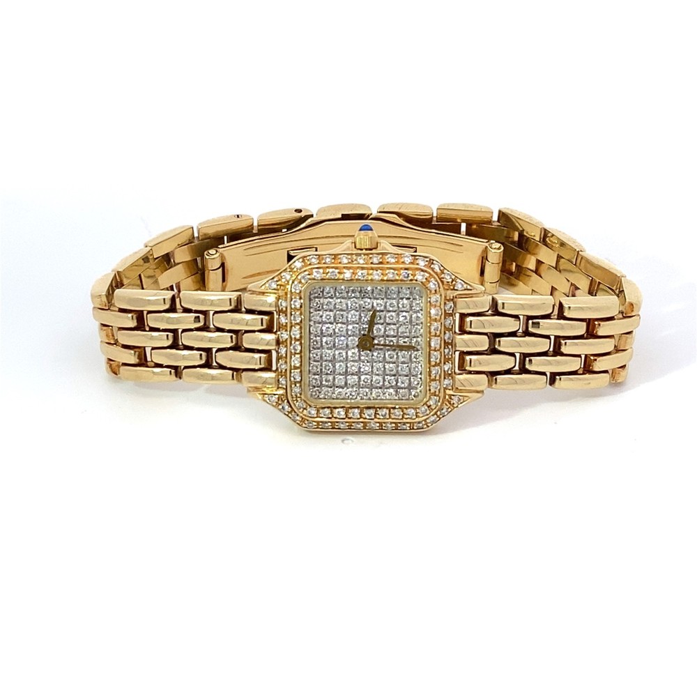 14K Gold Diamond Dial Double Diamond Bezel Panther Link Ladies Dress Watch 6.75″