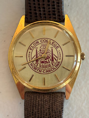 Vintage 1980s Elon College Wrist Watch by Jostens, Medallion Logo, Leather Band