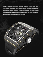 CRONUSART Men Automatic Watch Tonneau Mechanical Wristwatch Carbon Fiber Case