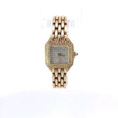14K Gold Diamond Dial Double Diamond Bezel Panther Link Ladies Dress Watch 6.75″