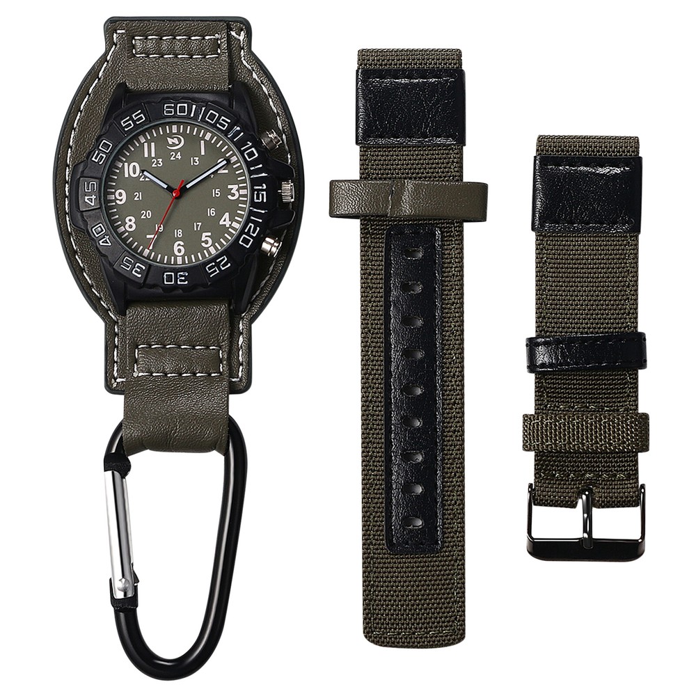 2 in 1 Mens 24-Hour Dial Quartz Analog Carabiner Clip on Watch with Canvas Strap
