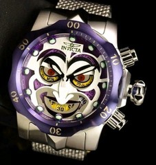 Invicta Mens 54mm VENOM JOKER SWISS Chronograph Purple Dial Mesh Silver SS Watch