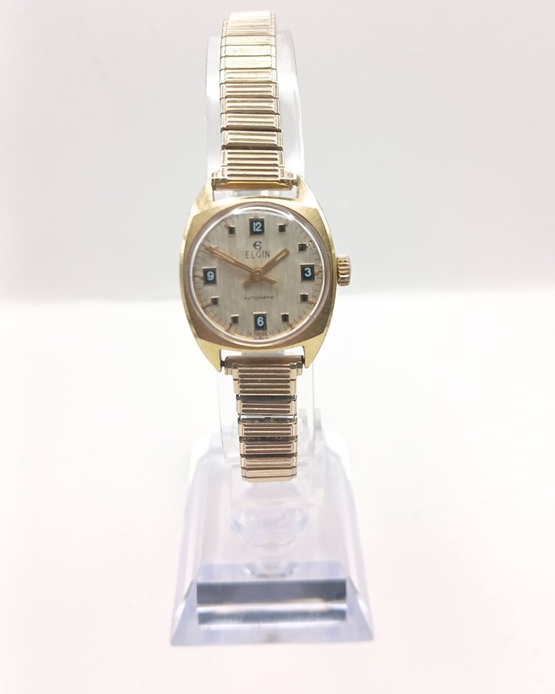 Vintage Elgin Ladies Automatic Watch Gold Tone Linen Dial Block Numerals Stretch