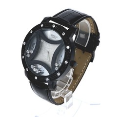 Hip Hop Men’s Floating Clear Stones, Black Finish Black Leather Band Watch