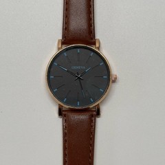 Geneva Wrist Watch Black Face With Blue Indices & Brown Strap
