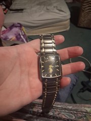 Eternal Angel Rectangle Quartz Analog Watch Black Dial Date Gold/Silver Bracelet