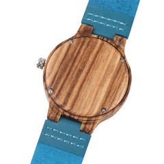 Ladies Blue Dial Wood Case Watch Genuine Leather Strap Quartz Valentine’s Day