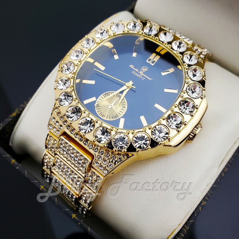 Men’s Iced Icy Luxury Blue Dial Bling Gold Plated Alloy Big Cubic Zirconia Watch