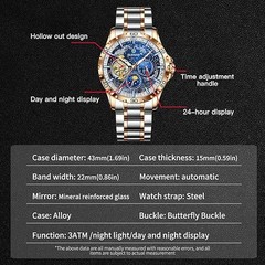 GLENAW Men’s automatic mechanical watch skeleton tourbillon date luxury luminous