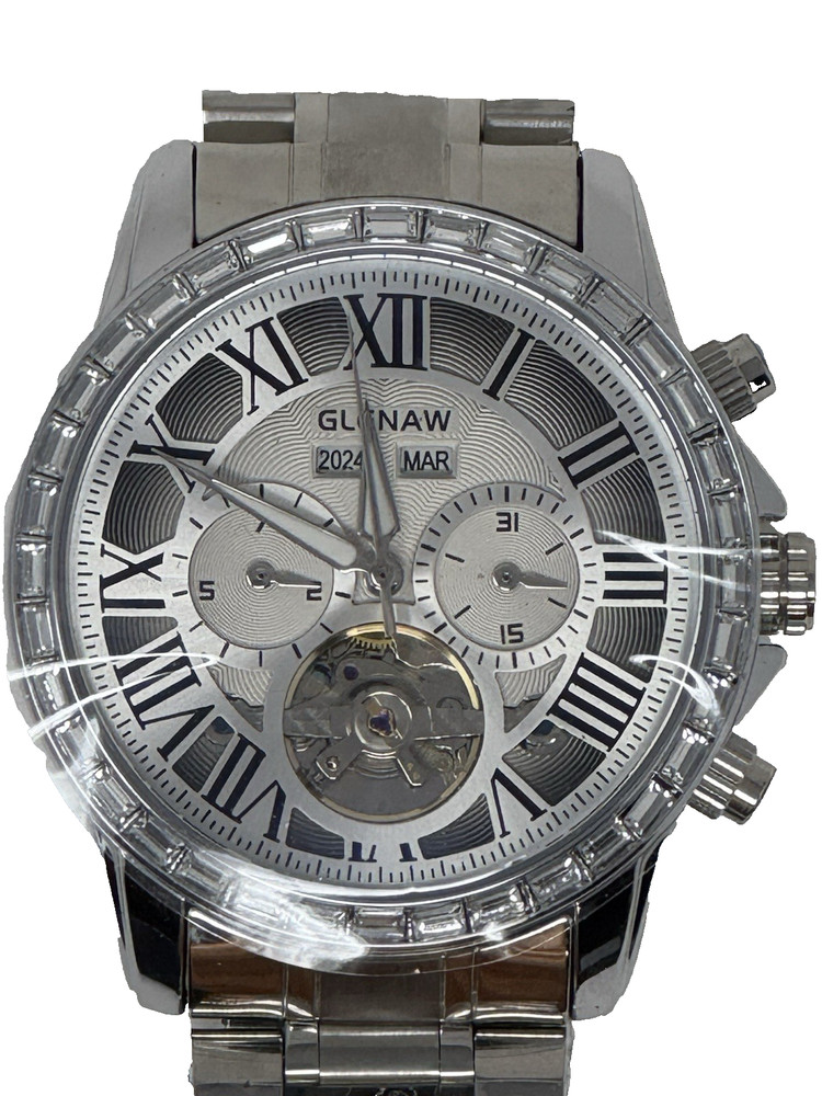 GLENAW Mens Automatic Mechanical Skeleton Tourbillon Watch Luminous Date 3ATM