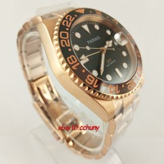 40mm PARNIS black dial Sapphire glass rose gold date GMT automatic watch 2704