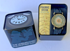 NEW Ptolemaic Tempus Fugit Watch Gold Tone 1.3″ Black Leather Band IOB Works