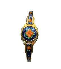 Swiss made blue green red enamel flower peekaboo watch bracelet gold tone